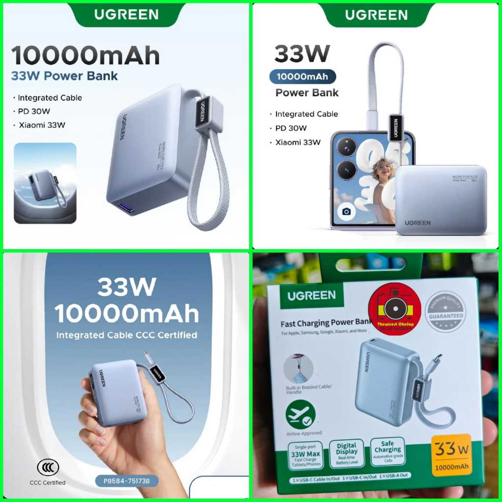 Powerbank UGREEN 10000mah 33W max 75173B PB584 Built-in Cable USB Type-C Fastchargin support 30w 20w