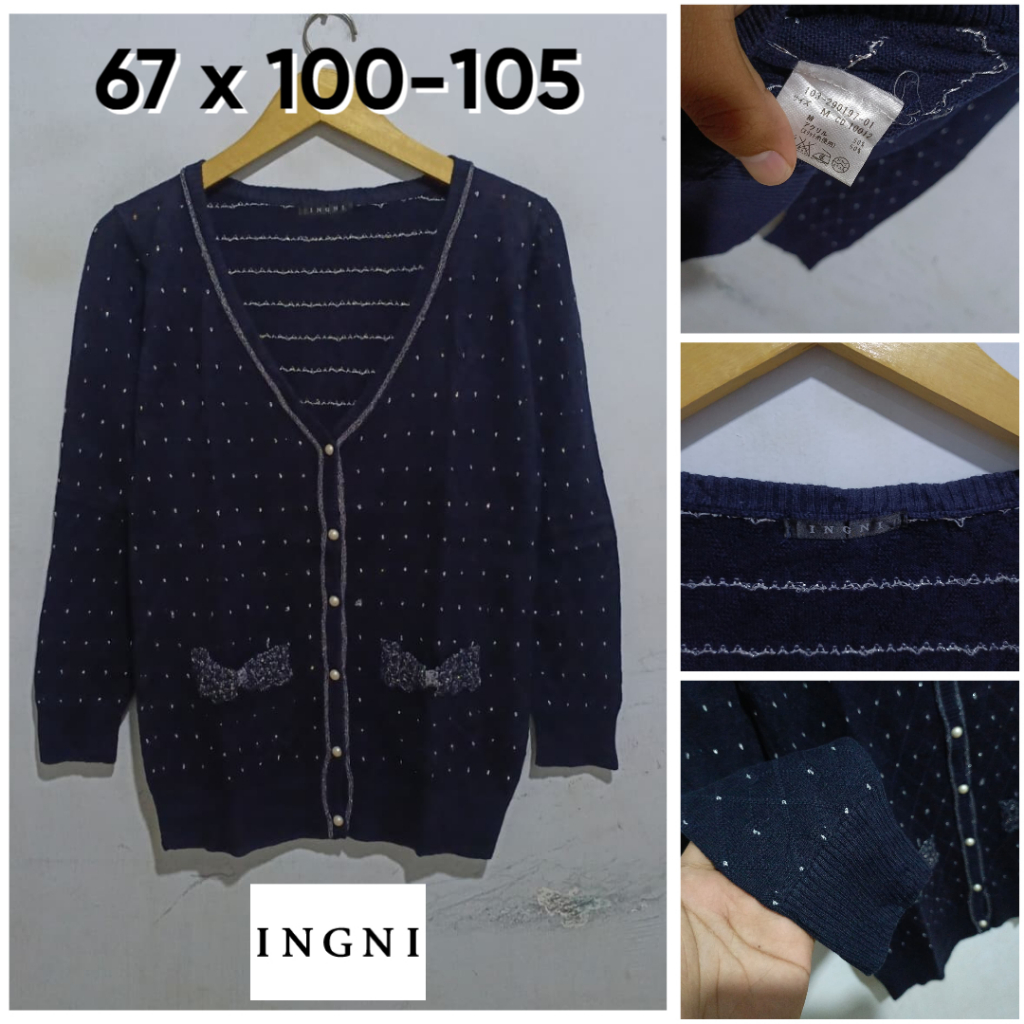 Cardigan INGNI Navy V Neck Size M Wanita Knit Cardi Outer Sweater H099