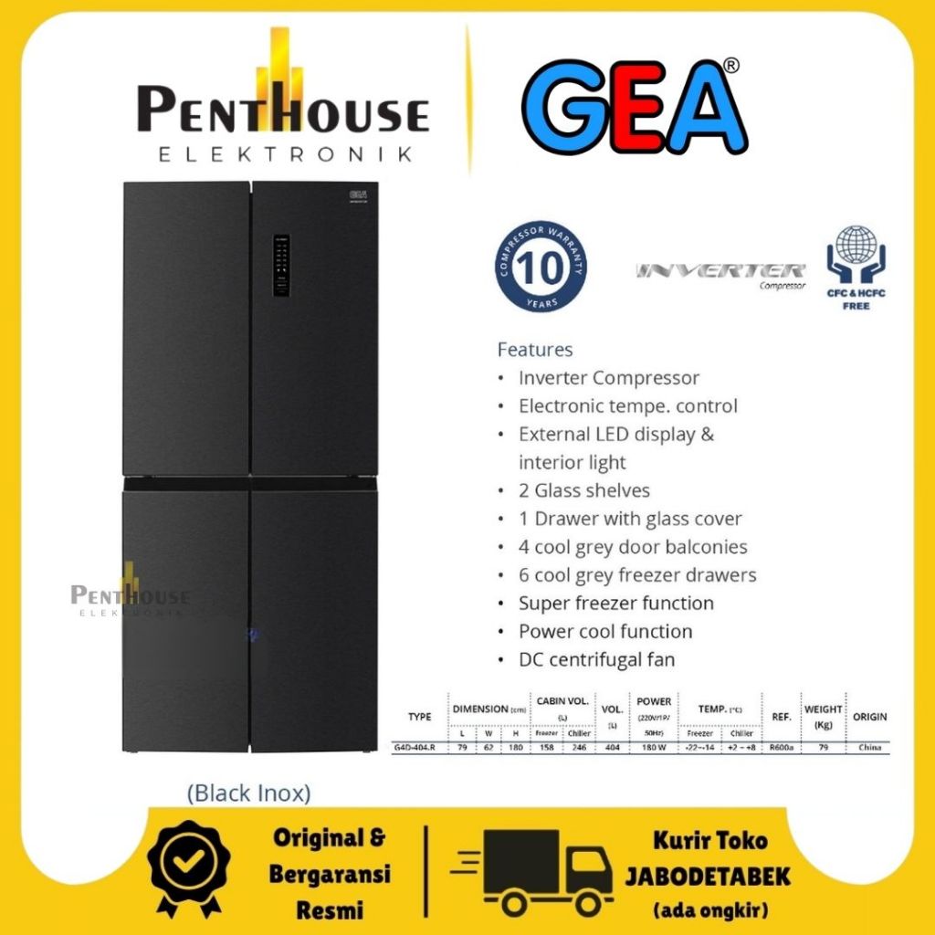 GEA Kulkas Side By Side Inverter 4 Pintu 404L G4D-404 BLACKINOX / G4D404 / G4D 404 BLACKINOX - LED D