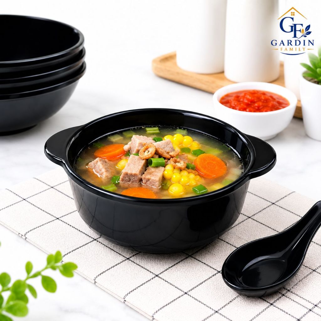 Mangkuk Sup Bulat 5 Inch Hitam Golden Dragon W6505 | Mangkuk Melamine Horeka Food Grade untuk Hotel 