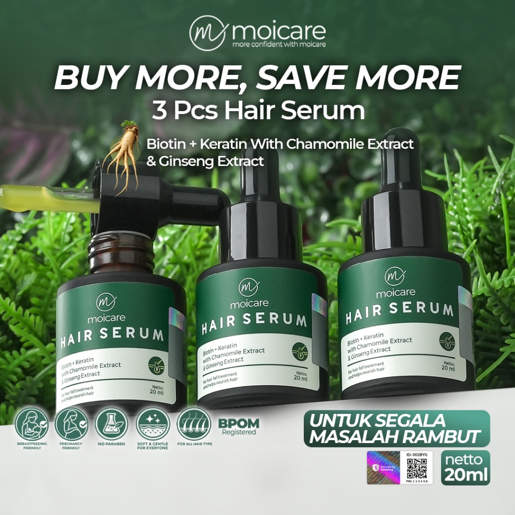 MOICARE BUNDLE 3 PCS Hair Serum - Anti Hair Fall Treatment With Biotin Keratin Ginseng Chamomile Extract Mengatasi Rambut Kering & Rontok Mengkilaukan Menyuburkan Menghaluskan Rambut Mengurangi Ketombe