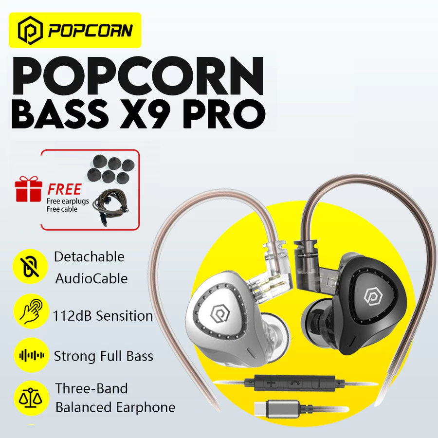 Popcorn Bass X9 Pro/X8 Pro Metal Dynamic In Ear Earphone HIFI DJ with Mic Gaming Type-c Earphone