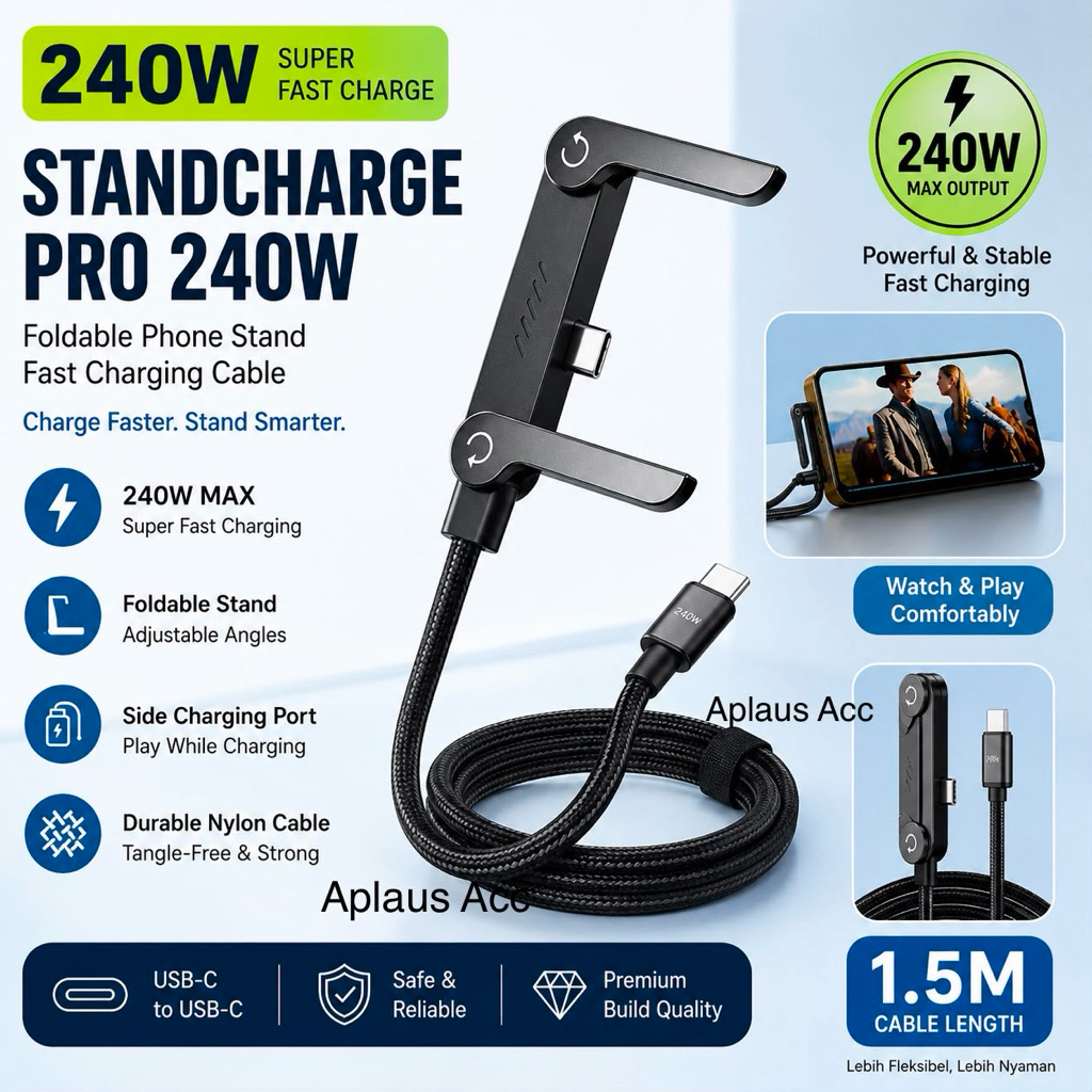 Kabel Data Charger USB Type C To Type C VK-03 Fast Charging 240W dengan Dudukan Stand Lipat Ponsel  1,5 Meter Siku 90° untuk Gaming
