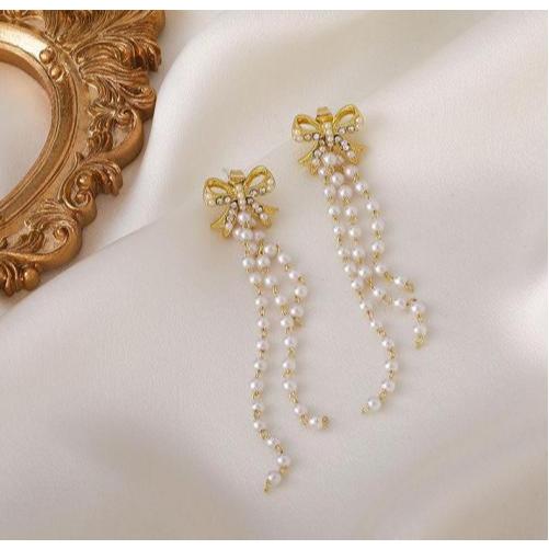 Anting Tusuk Pita Panjang Mutiara Minimalis Wanita Premium Korea#139a