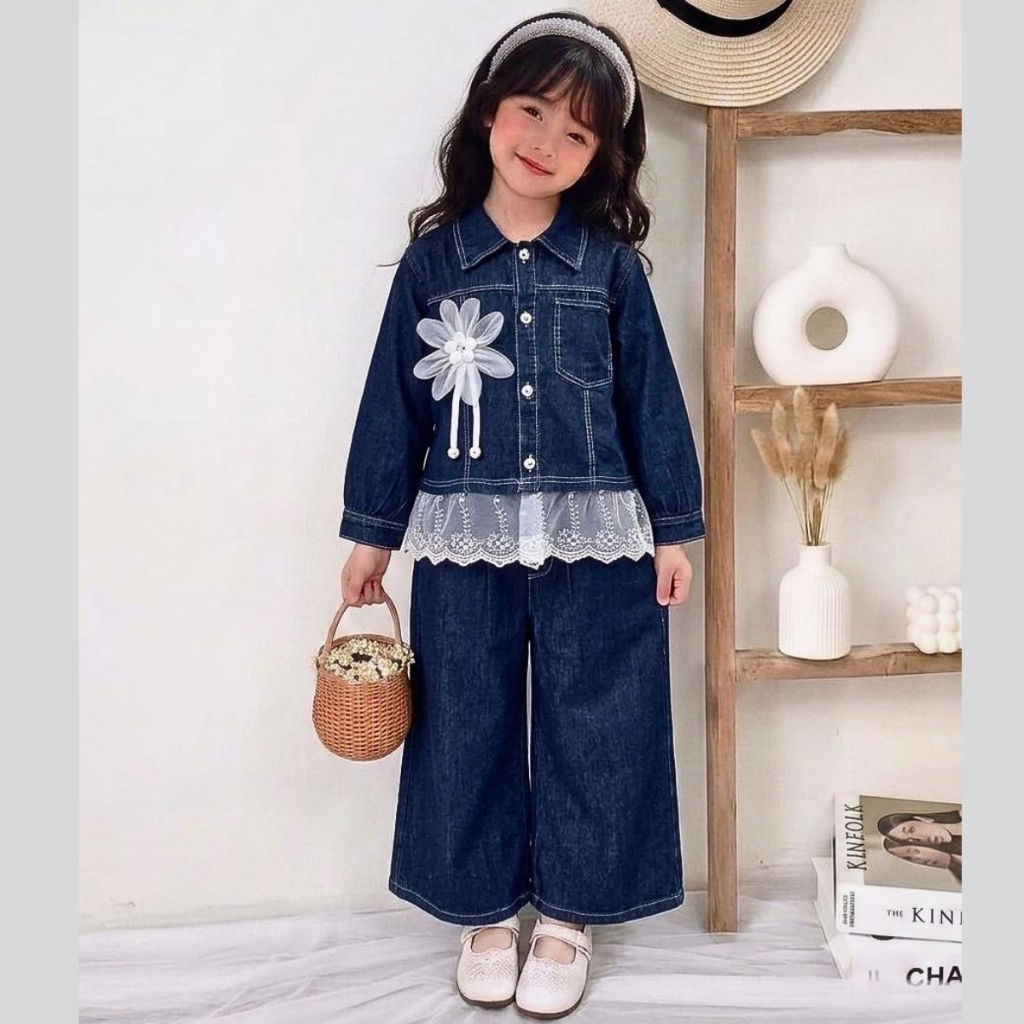 Oneset denim anak perempuan premium mix lace/brokat baju kemeja lengan pendek celana kulot anak set 