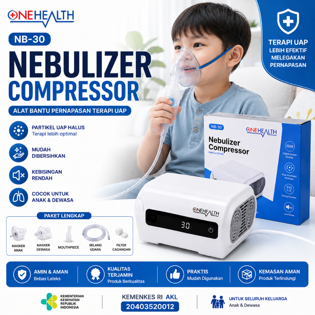 Nebulizer NB-30 OneHealth Compressor Digital Alat Uap Inhaler Asma Batuk Pilek Bronkitis COPD Origin