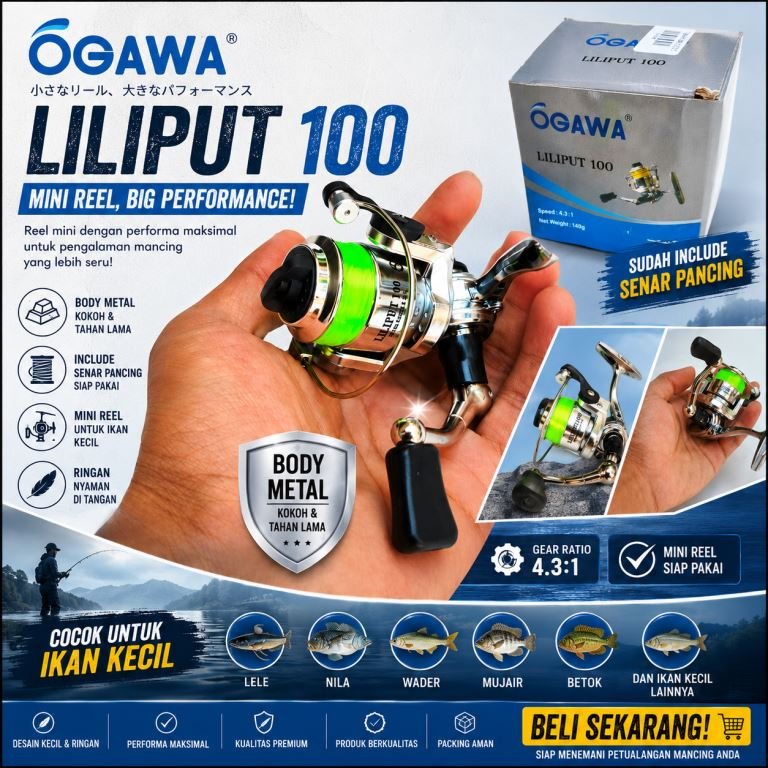 Reel Pancing Ogawa liliput 100 Mini Reel Metal Body Include Senar Reel Kuat Ultra Light