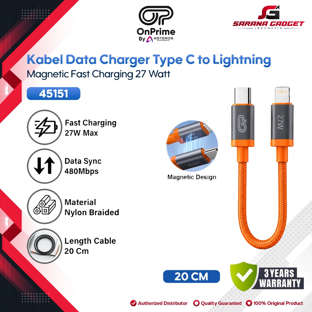OnPrime 45151 Iron Series Kabel Data Type C to Lightning Magnetic Pendek 20CM 20W 27W 3A PD TPE Powe