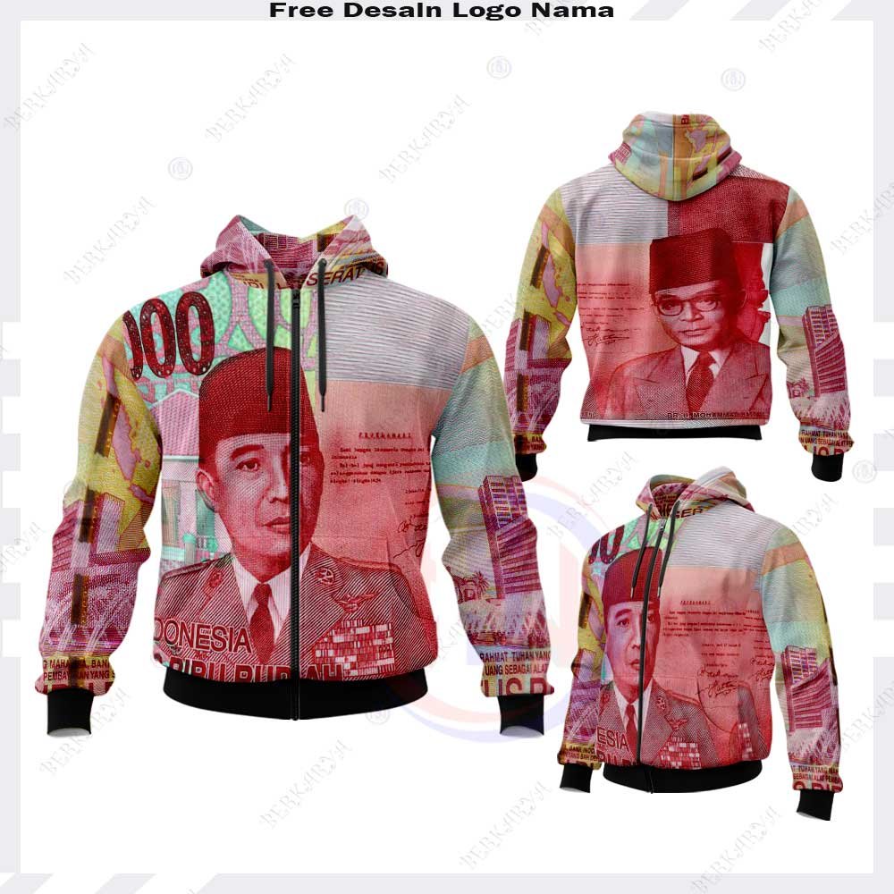 Jaket Hoodie Motif Uang Seratus Ribu Rupiah Gambar Ir Soekarno Hatta Full Print
