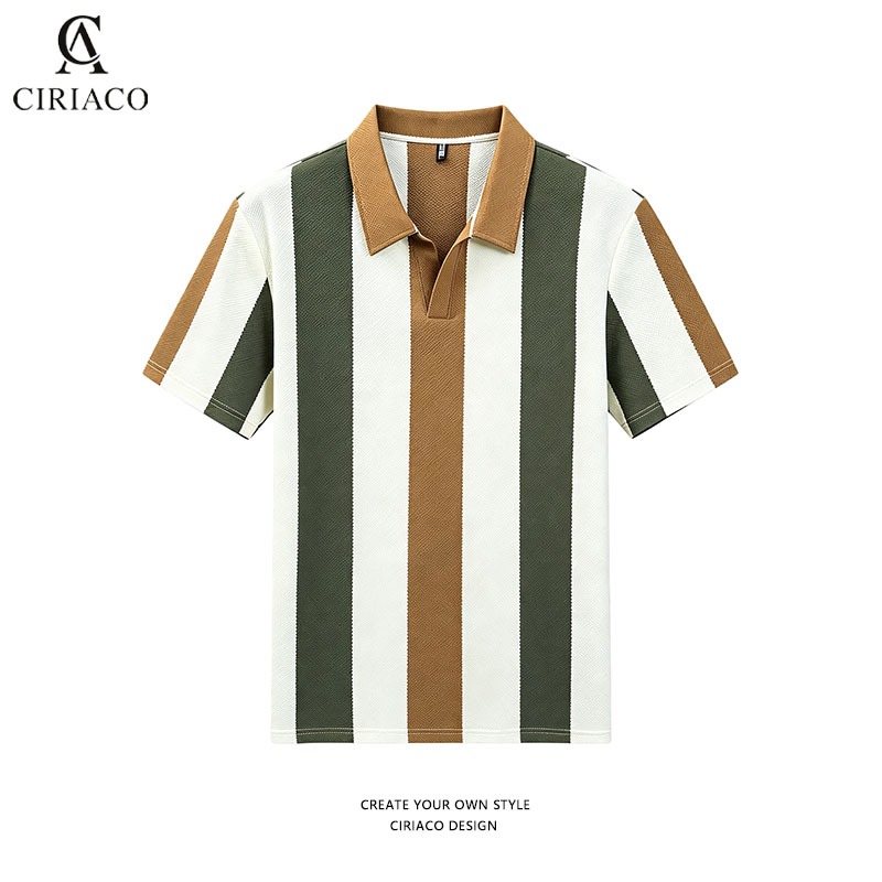 Ciriaco Kaos Polo Pria Garis-Garis  Lengan Pendek Kemeja polo bergaris vertikal Kasual kaos kerah v 