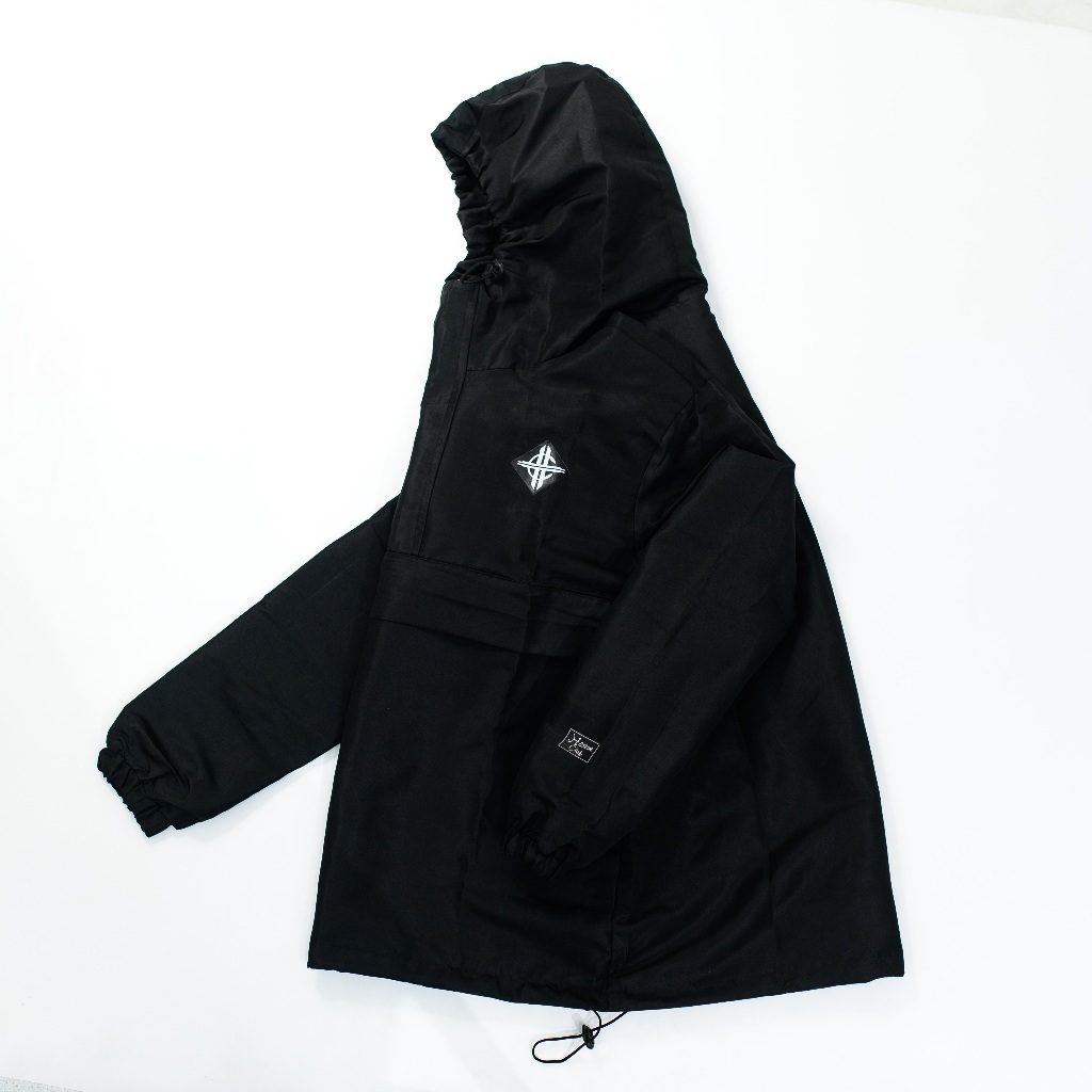Jacket Cagoule Hitam Anorak Outdoor Windbreaker Bordir dan Polos