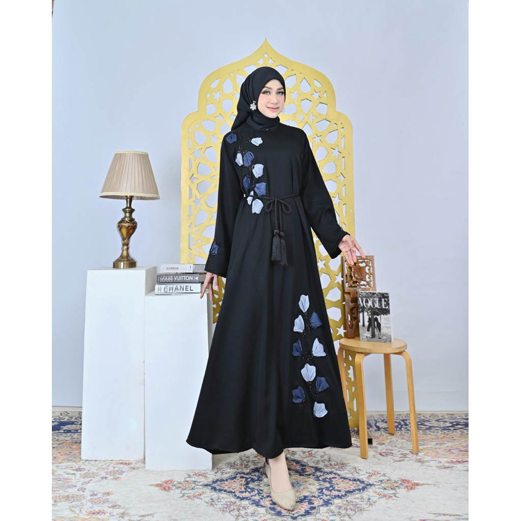 Abaya Hanum Daun Payet - Resleting Belakang Bahan Fursan Tampilan Elegan Mewah
