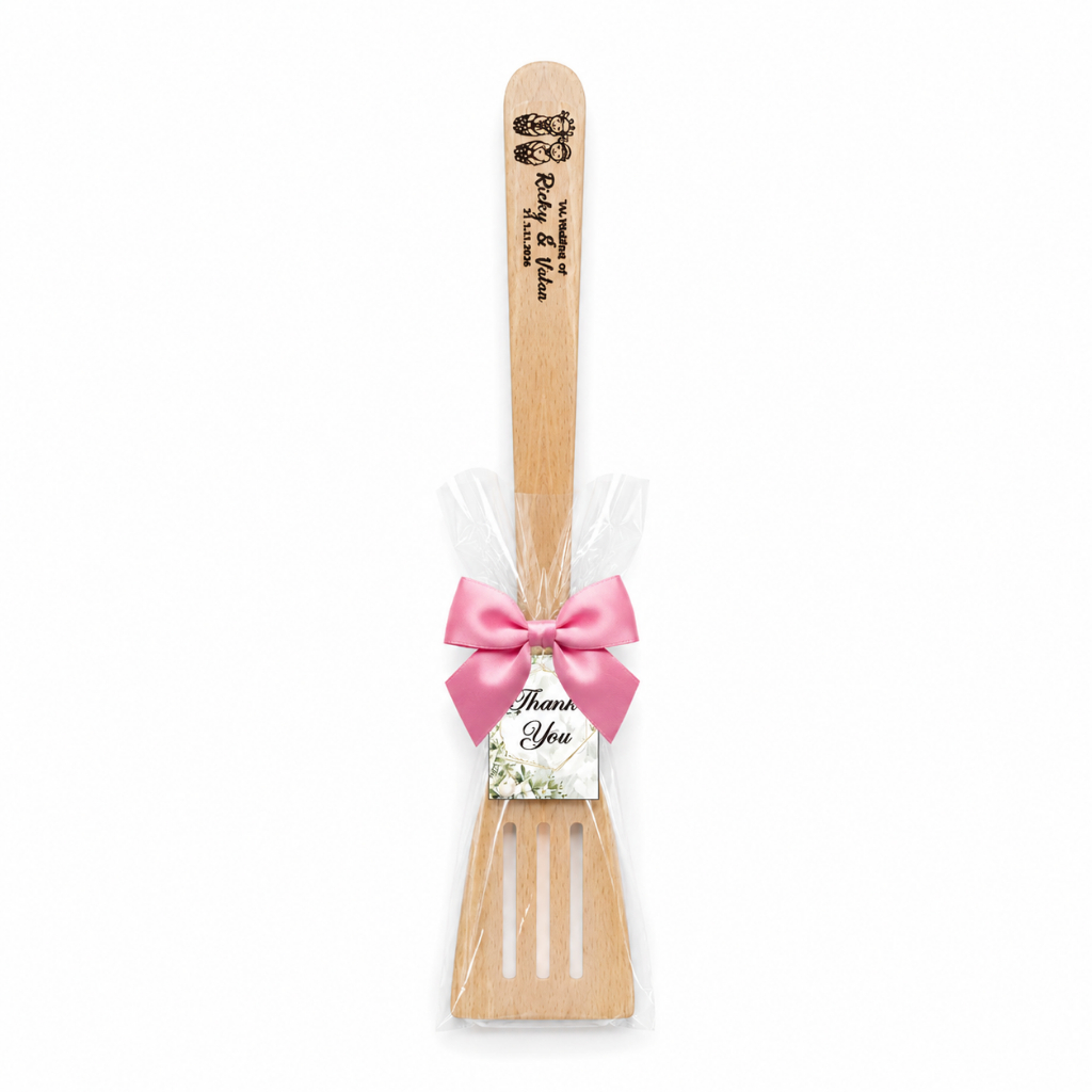 100 Pcs - Souvenir Sotil Spatula Solet Panjang Berlubang Kemas Plastik Pita Gratis Sablon By Request