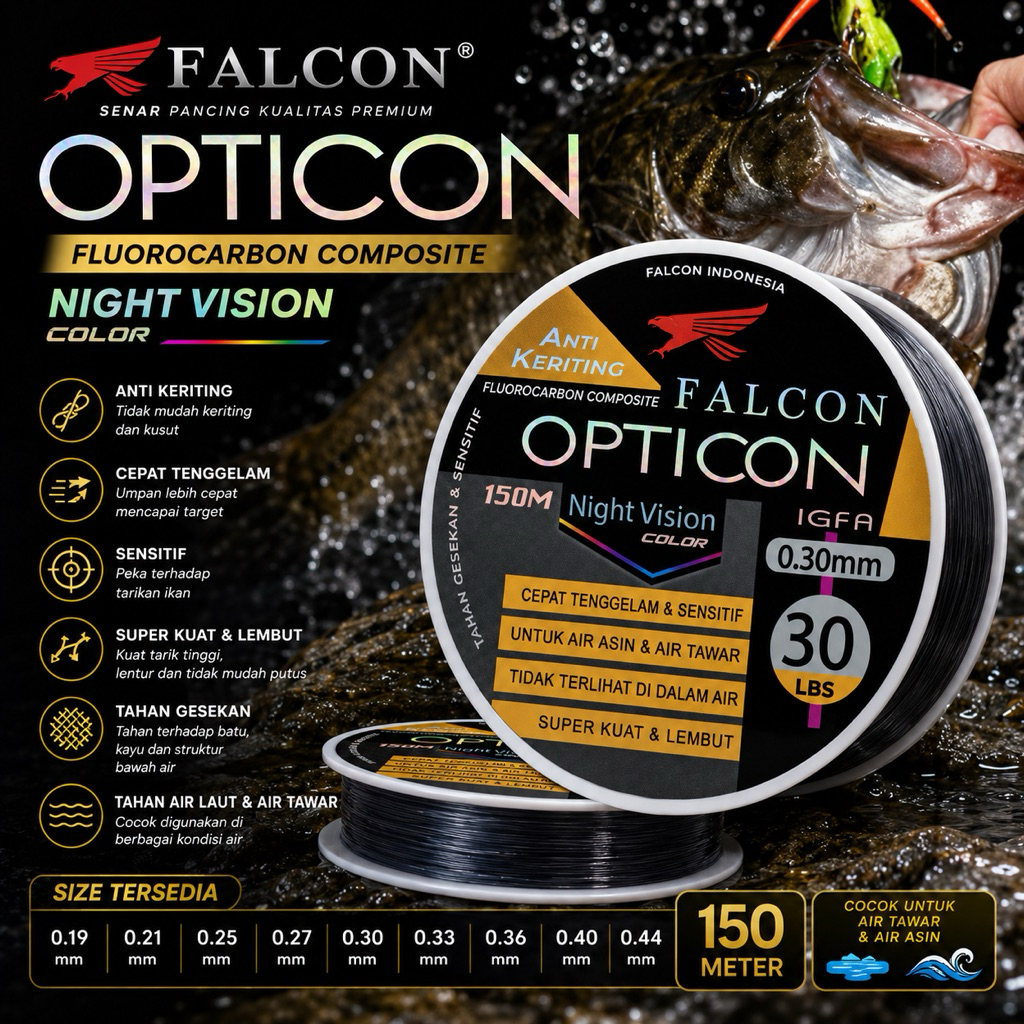 Senar Pancing Falcon Opticon 150M Fluorocarbon Composite Night Vision Anti Keriting Cepat Tenggelam