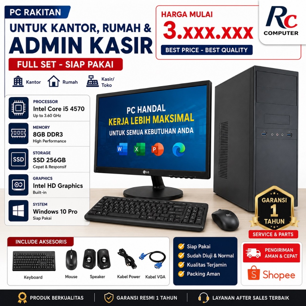 PC Rakitan Full Set Siap Pakai Intel Core i5 4570 8GB SSD 256GB Windows 10 Pro
