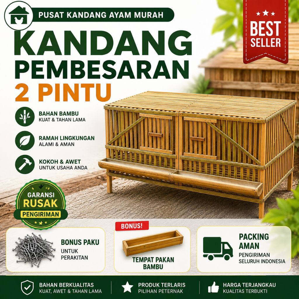 Kandang Pembesaran Ayam 2 Pintu Bambu & Kayu | Kandang Ayam Kampung Bangkok | Bonus Tempat Pakan Bam