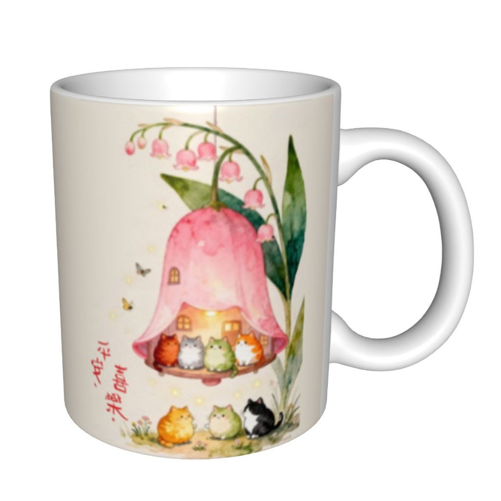 Mug Coffee Keramik Motif Kucing Lucu Rumah Bunga Lili Aircolor Tulisan Keberuntungan Gelas Kopi Teh 