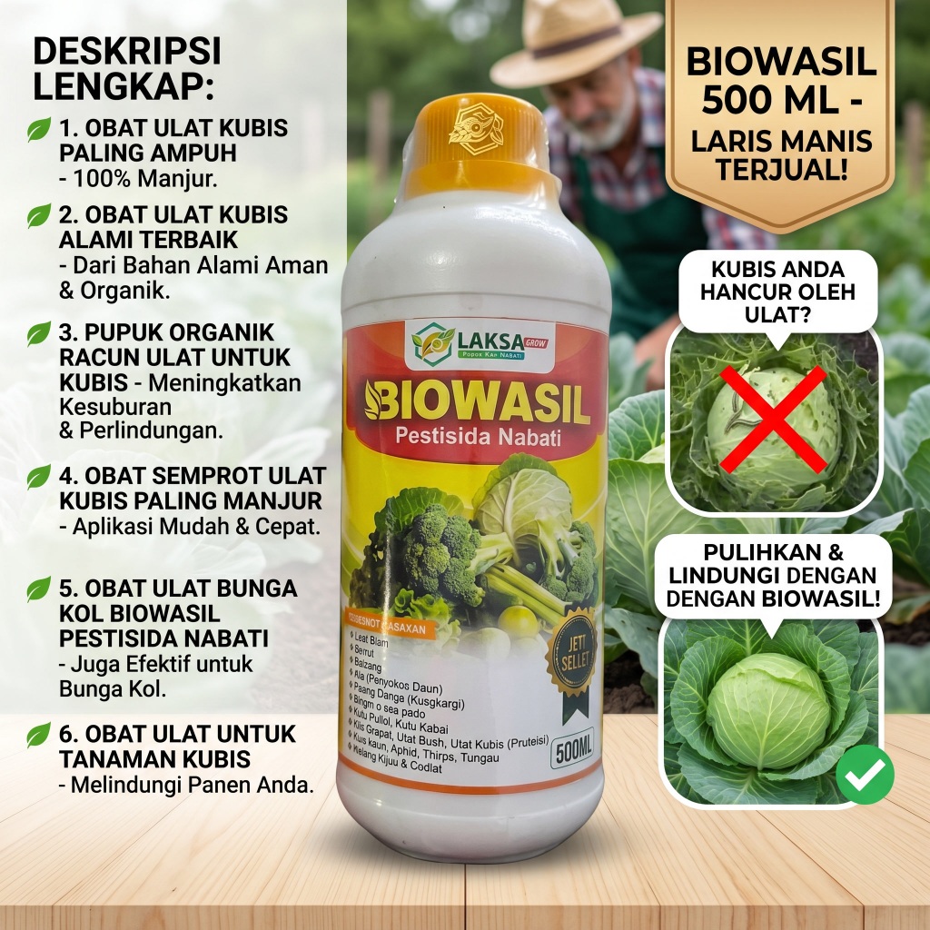 Obat Semprot Biowasil Pestisida Nabati 500 ML Untuk Ulat Kubis & Kol, Aman, Alami - Pestisida Alami 