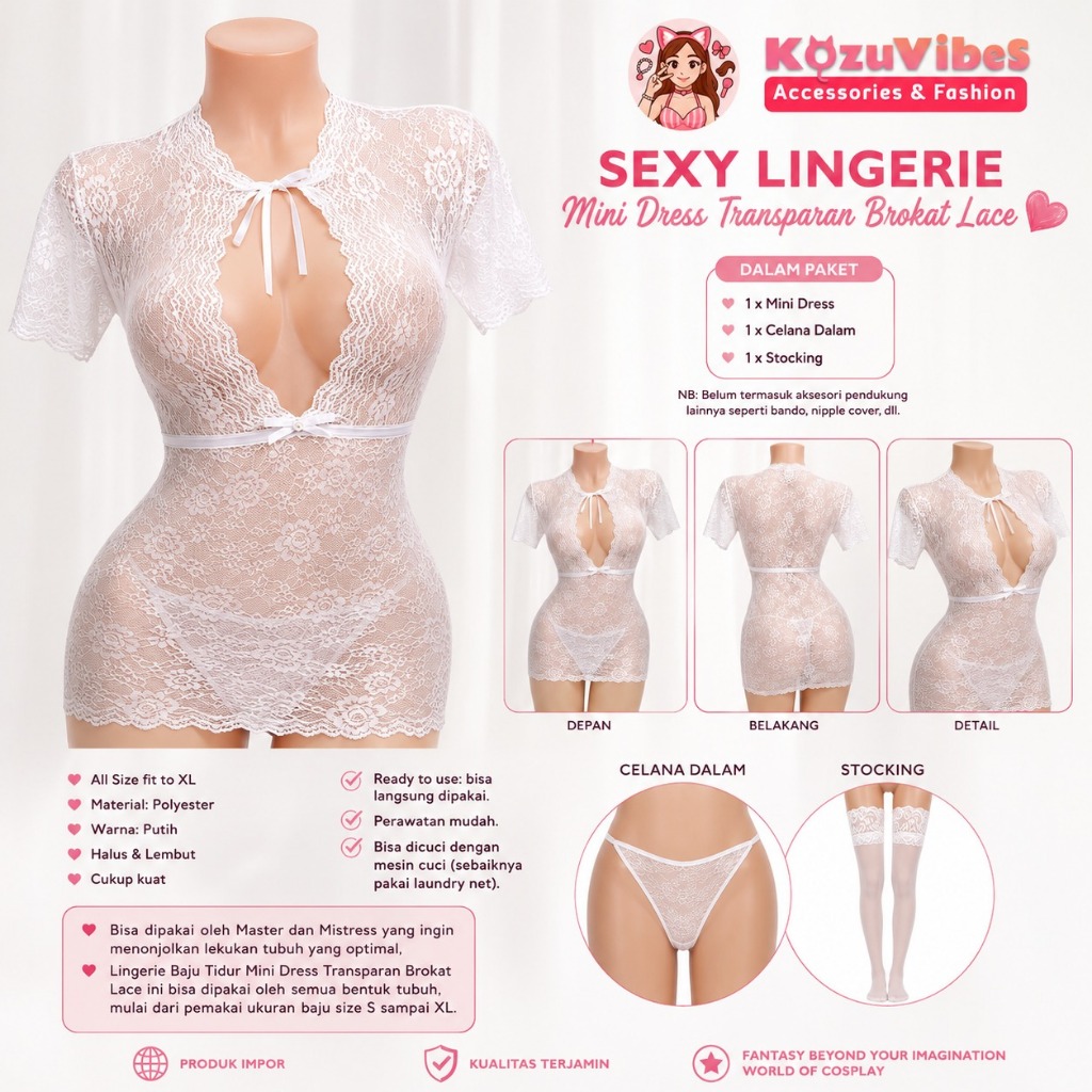Kozuvibes Sexy Lingerie Baju Tidur Mini Dress Transparan Brokat Lace