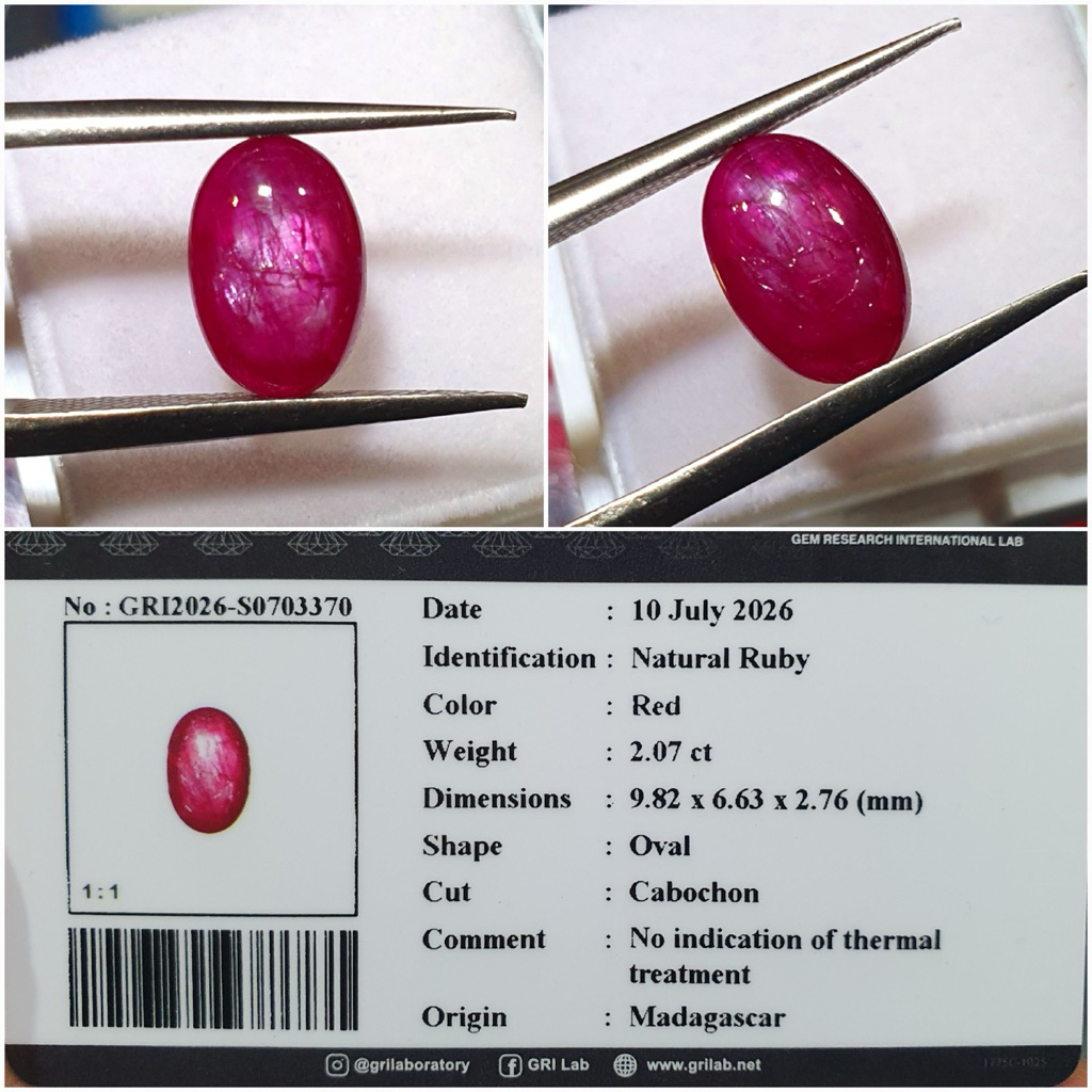 natural Red Ruby 2.07ct Noheated/Unheated Madagascar memo GRI