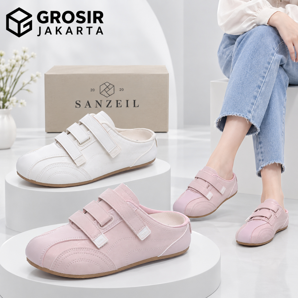 Sepatu Mule Wanita Casual Triple Velcro Backless Sneakers Slip On GO67889