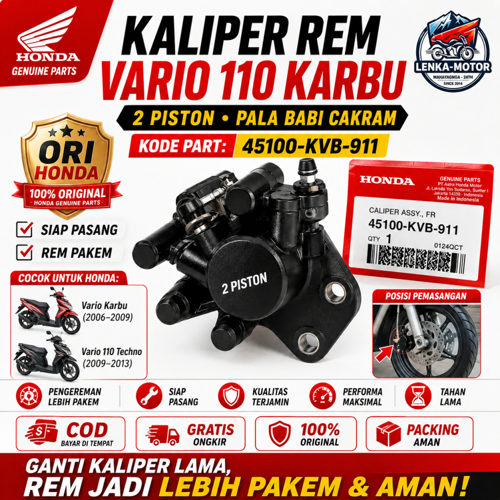 Kaliper Rem Depan Honda Vario 110 Karbu Techno 2 Piston 45100-KVB-911 Pala Babi Cakram Lenka Part Mo