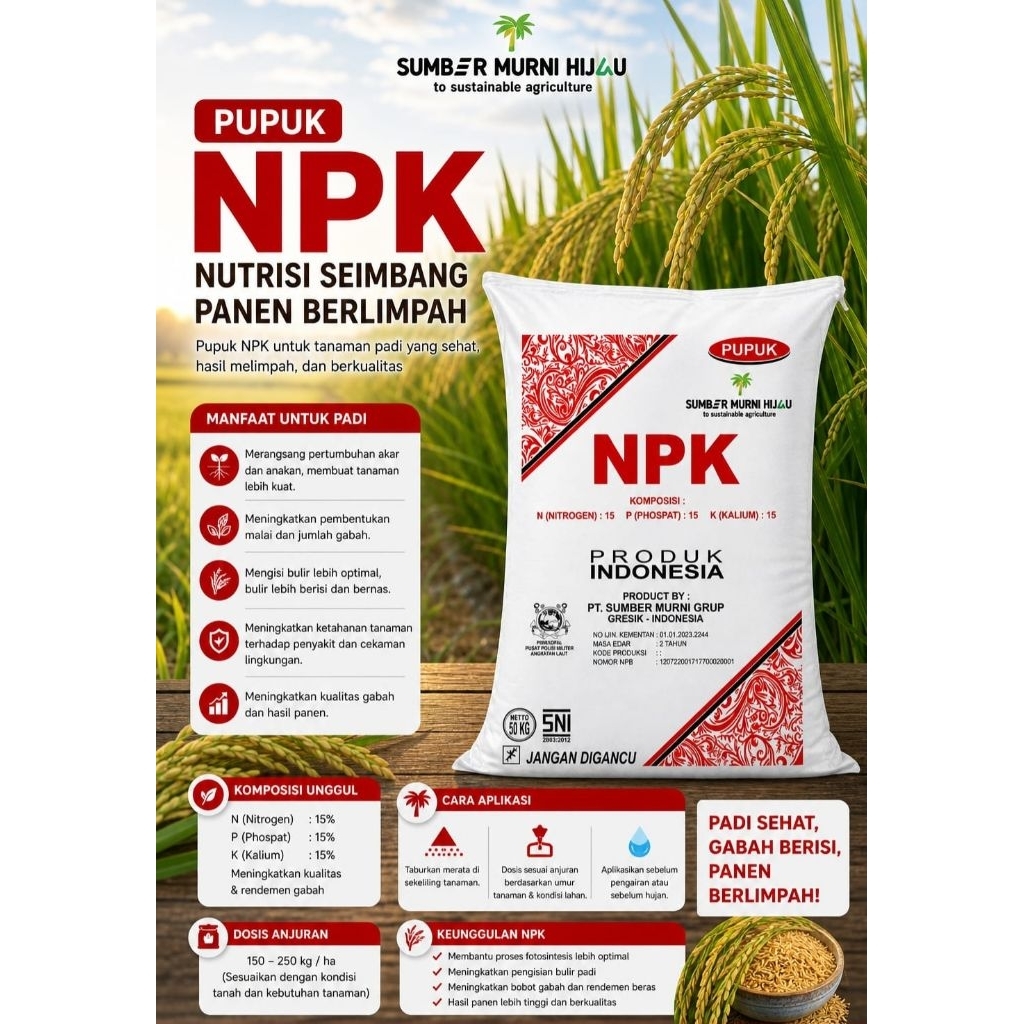 Pupuk Non Subsidi Npk 15-15-15 Sumber Murni Hijau kemasan 50 kg merah