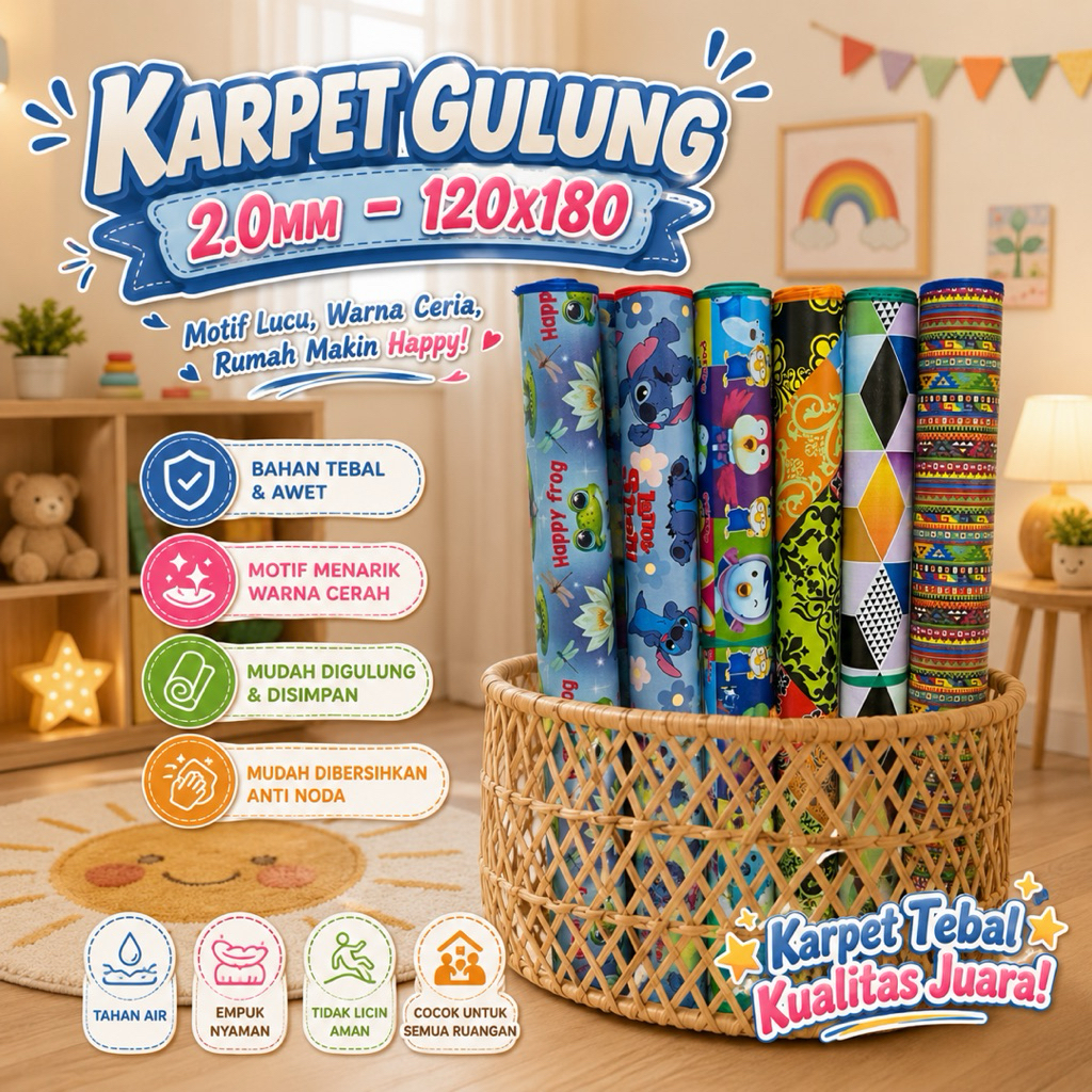 Tikar Spon EVA Bergambar Lipat 2mm Alas Bermain Anak Anti Air Ukuran 120x180 - Karpet Stitch - Karpe