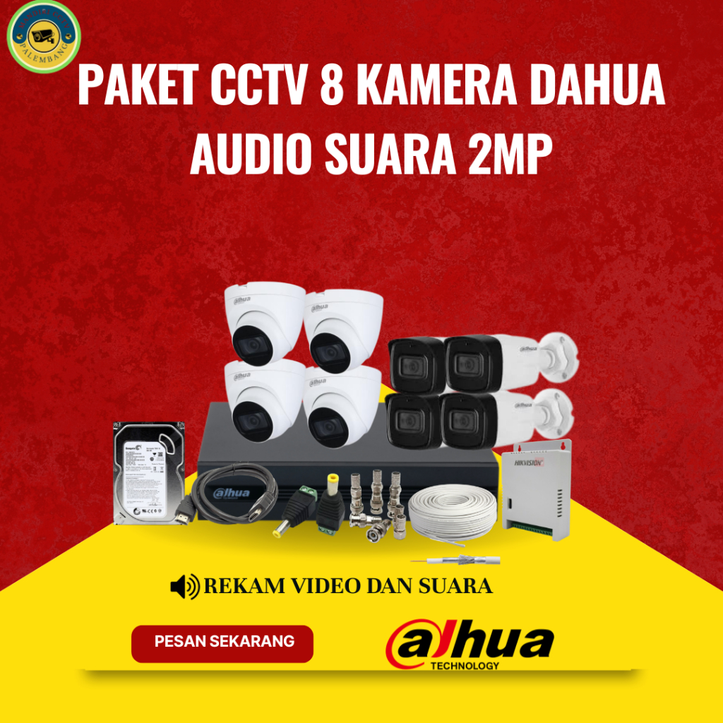 Paket CCTV 8 Kamera Dahua 2MP Audio Suara, Rekam Video Dan Suara, Putih Hitam
