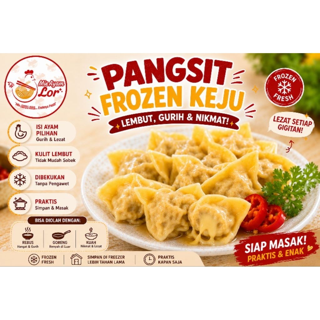 pangsit frozen keju, pangsit mie ayam,pangsit indomie, pangsit rebus