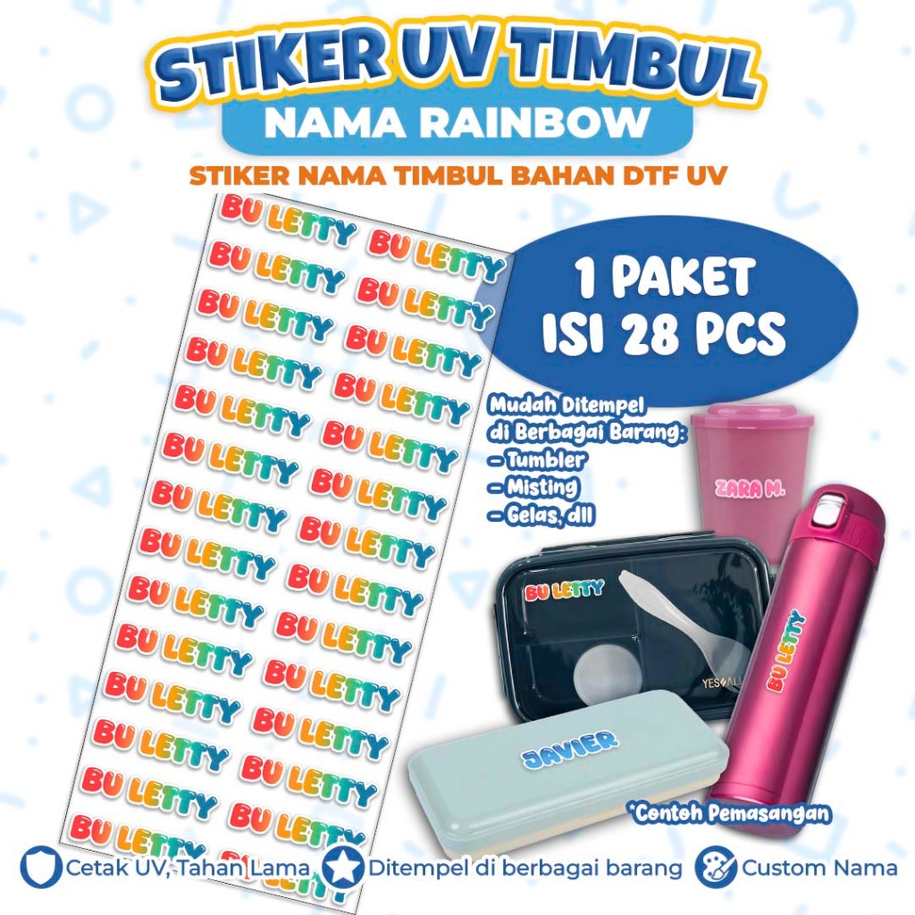 STICKER TIMBUL DTF UV CUSTOM NAMA - Stiker UV Rainbow Nama Timbul - Stiker Timbul Warna