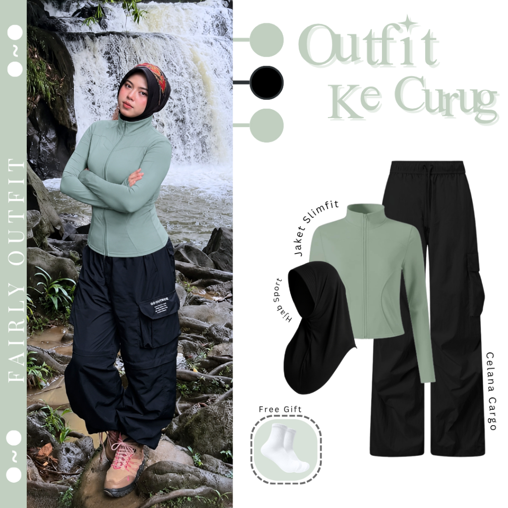 Outfit Set Cewek Hiking 3in1 ( Hijab Sport + Jacket Slimfit + Celana Cargo ) Outfit Hiking  Style | 