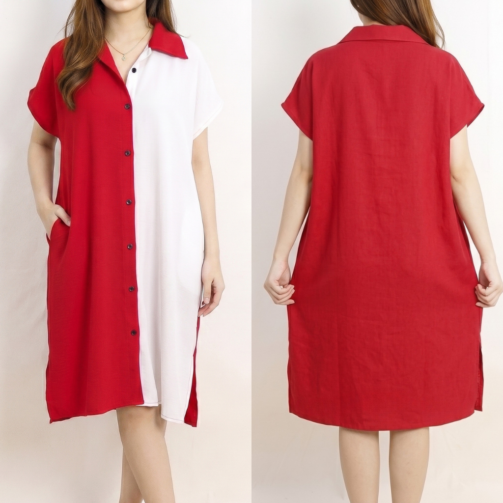 Baju Merah Putih Wanita 17 Agustus Daster Jumbo Kerah Kancing Depan Busui Friendly Crinkle LD130