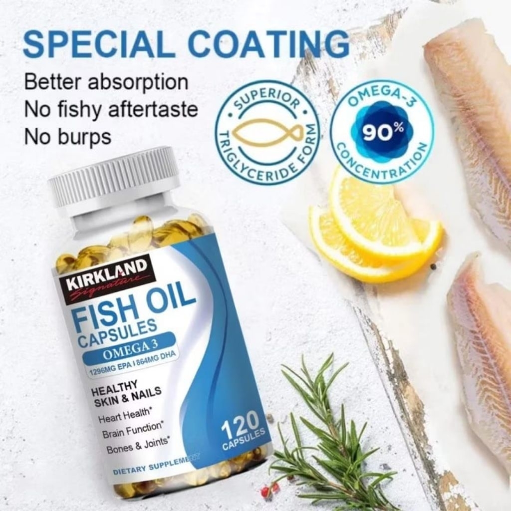Kirkland Fish Oil Capsules Omega-3 90% Konsentrasi 120 Kapsul untuk Kesehatan Kulit Rambut dan Sendi