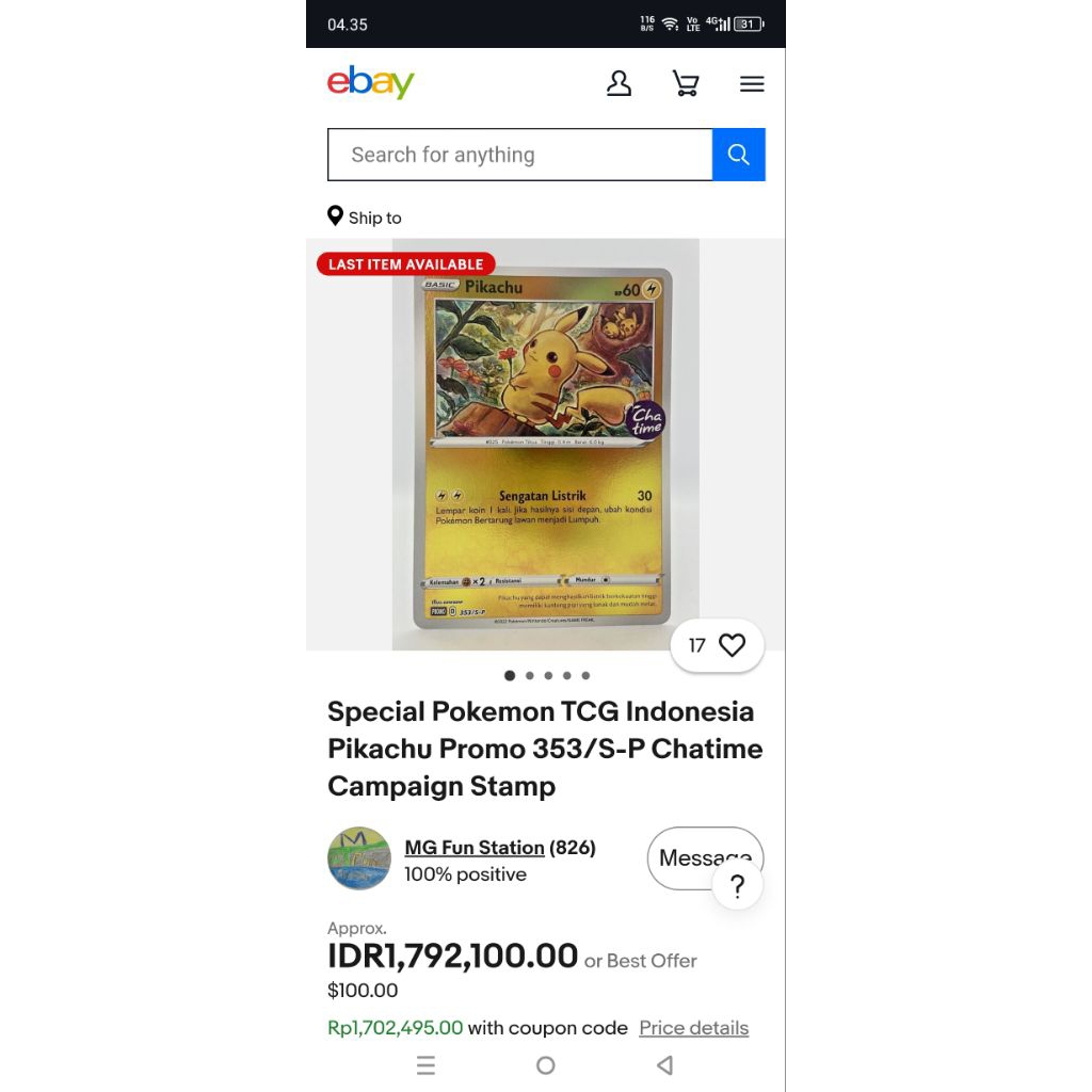 pikachu chatime holo promo 353/s-p tahun 2022 kartu pokemon TCG original