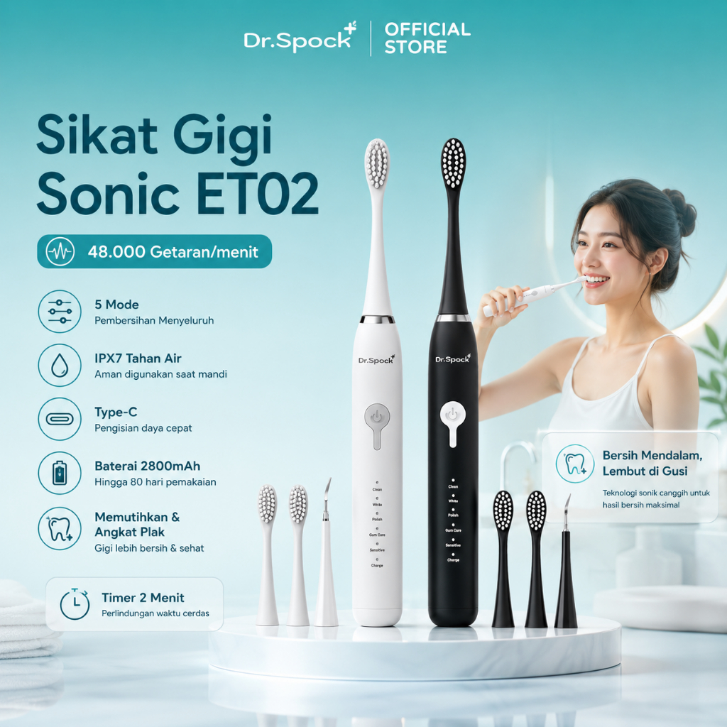 Dr.Spock ET02 Sikat Gigi Elektrik Sonic 48000 Getaran 5 Mode IPX7 Waterproof Type-C 2800mAh Pemutih 