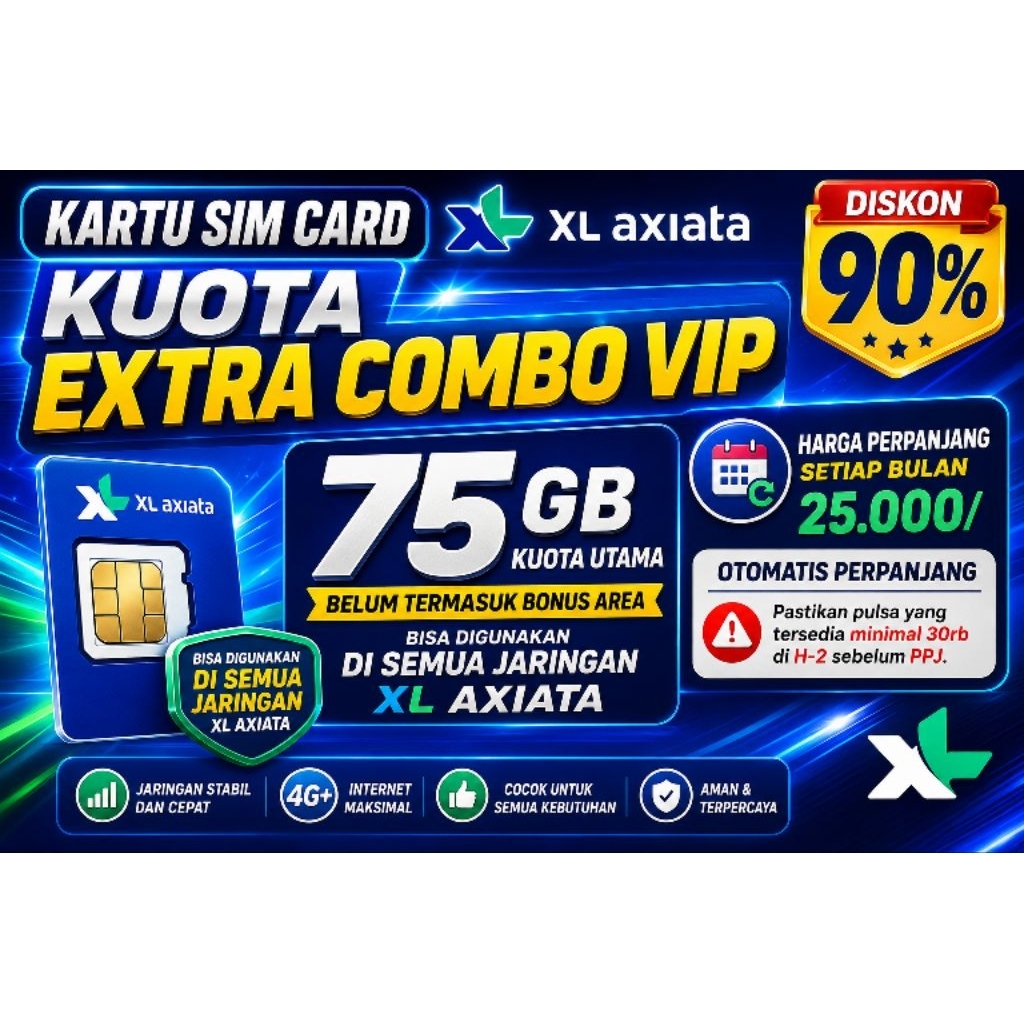 Kartu Perdana XL Axiata VIP Xtra Combo VIP Diskon 90% PPJ25K