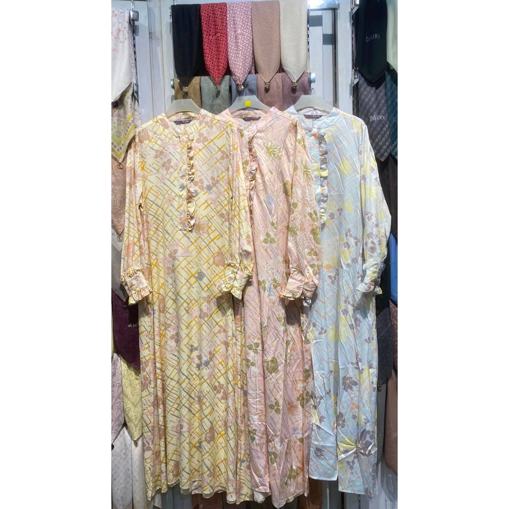 Elzatta Gamis Terbaru - Gamis Ruffles Saffron Geo Gamis Dewasa Motif Bunga Saffron Cantik Adem Rayon