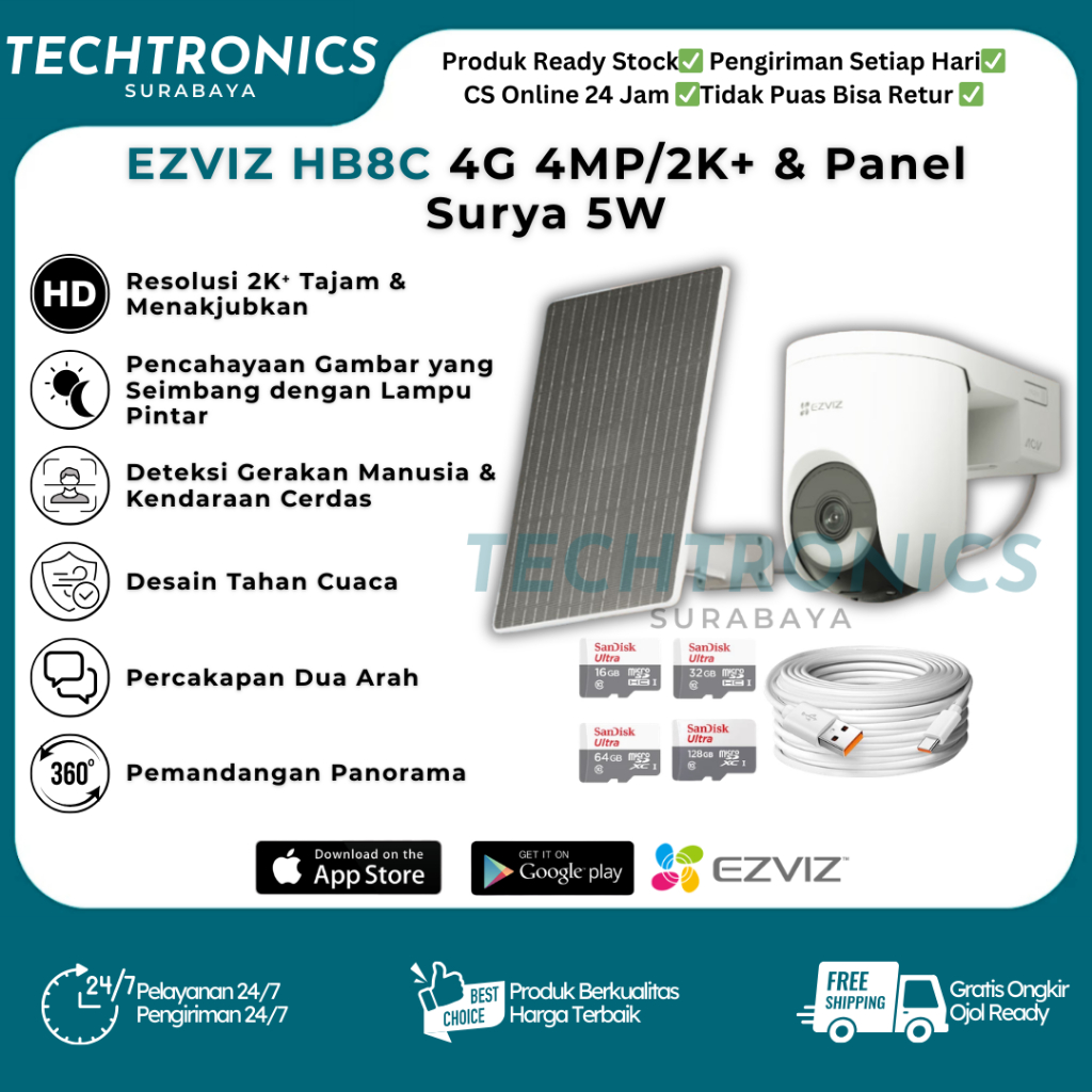 CCTV EZVIZ HB8C 4G 4MP/2K+ & Panel Surya 5W Camera Outdoor Indoor Kamera Tanpa Wifi Pakai SIM Card S