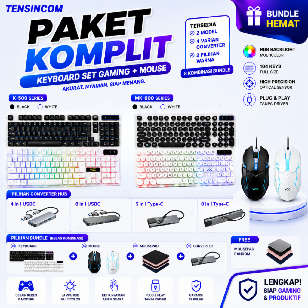 Tensincom Keyboard Gaming mobilador Set – Keyboard dan Mouse RGB untuk Gaming
