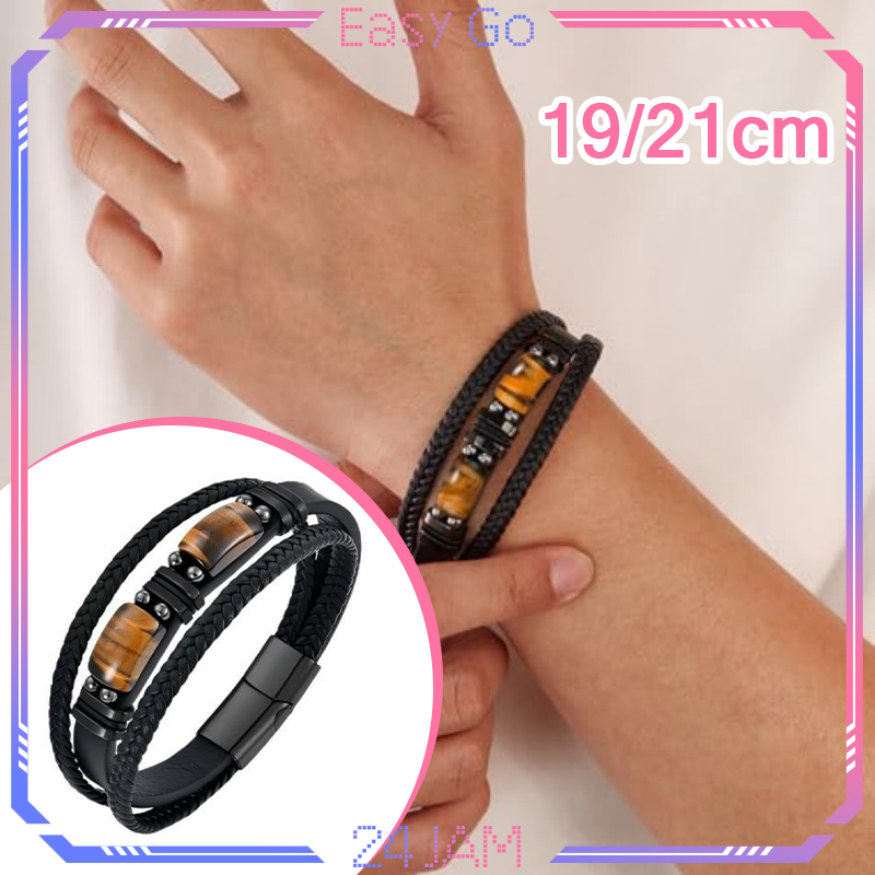 19cm/21cm Gelang Batu Mata Harimau Desain Kasual Gelang Tangan Pria Gelang Kulit Wanita Gelang Kulit