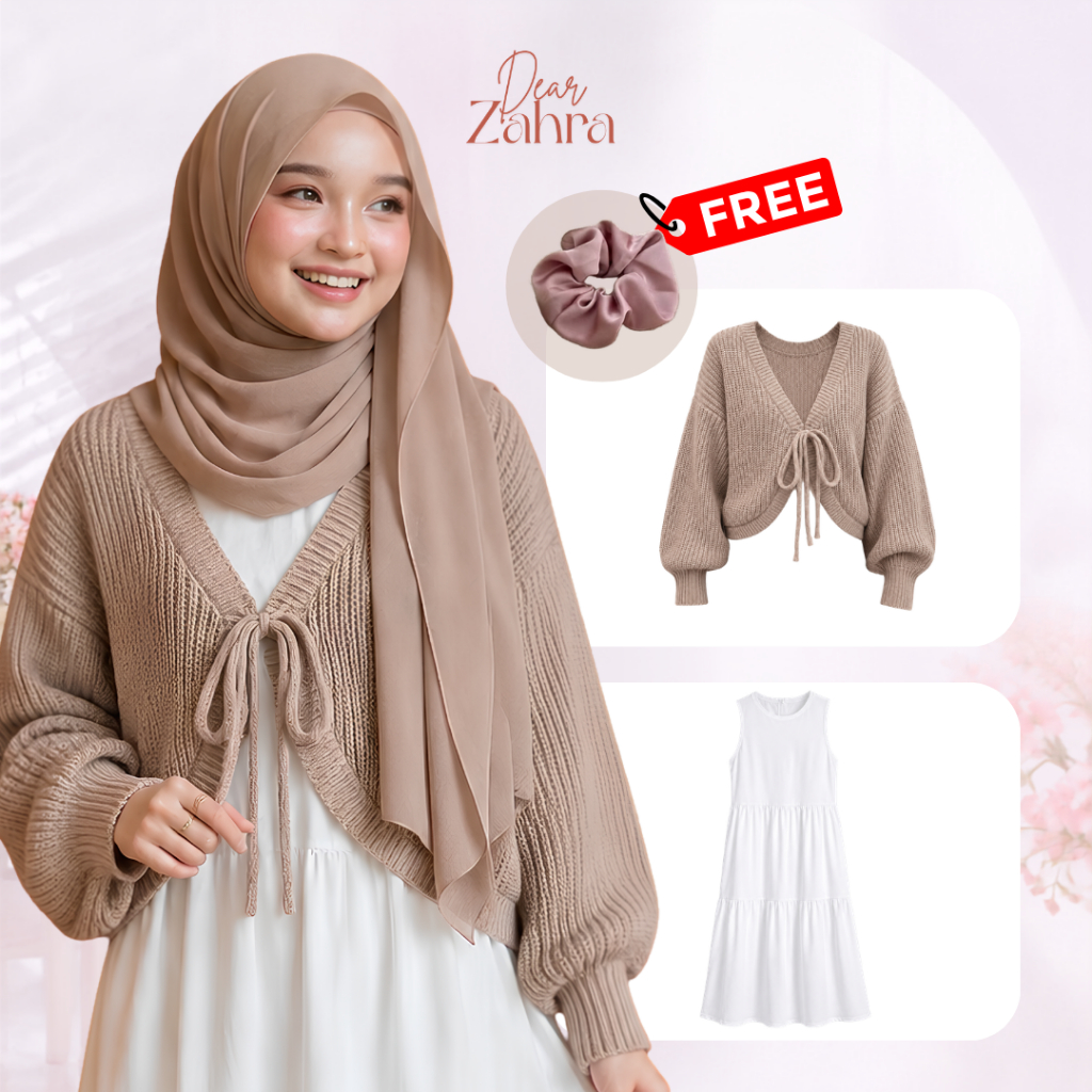 Setelan Rok Wanita Kekinian Cardigan Tali Rajut Bolero Cream | Inner Dress Hyget Putih || DZ16
