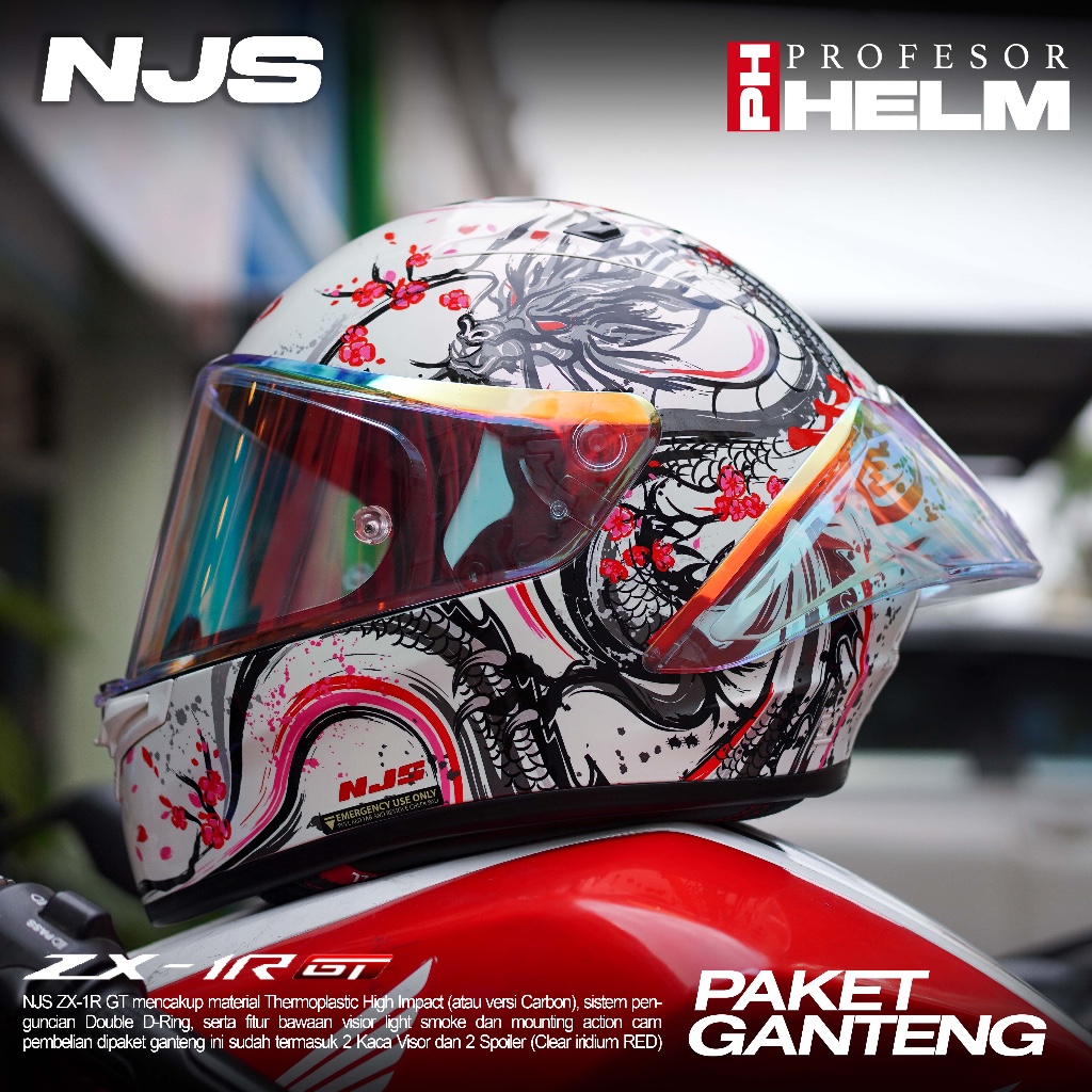 Paket Ganteng HELM NJS ZX1R GT SHENLONG Full Face Clear Iridium Red Original