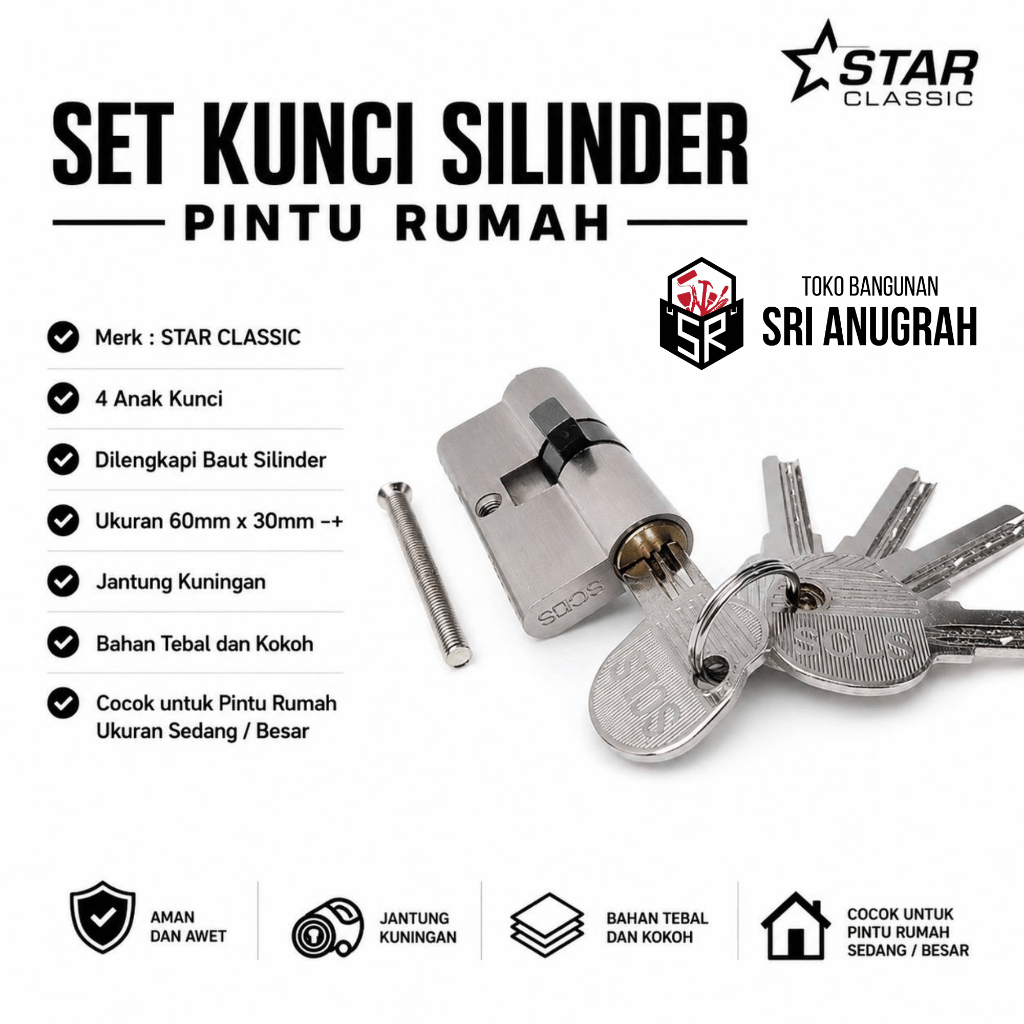STAR CLASSIC Silinder Kunci Pintu Rumah Brass Kuningan 4 Anak Kunci Anti Maling