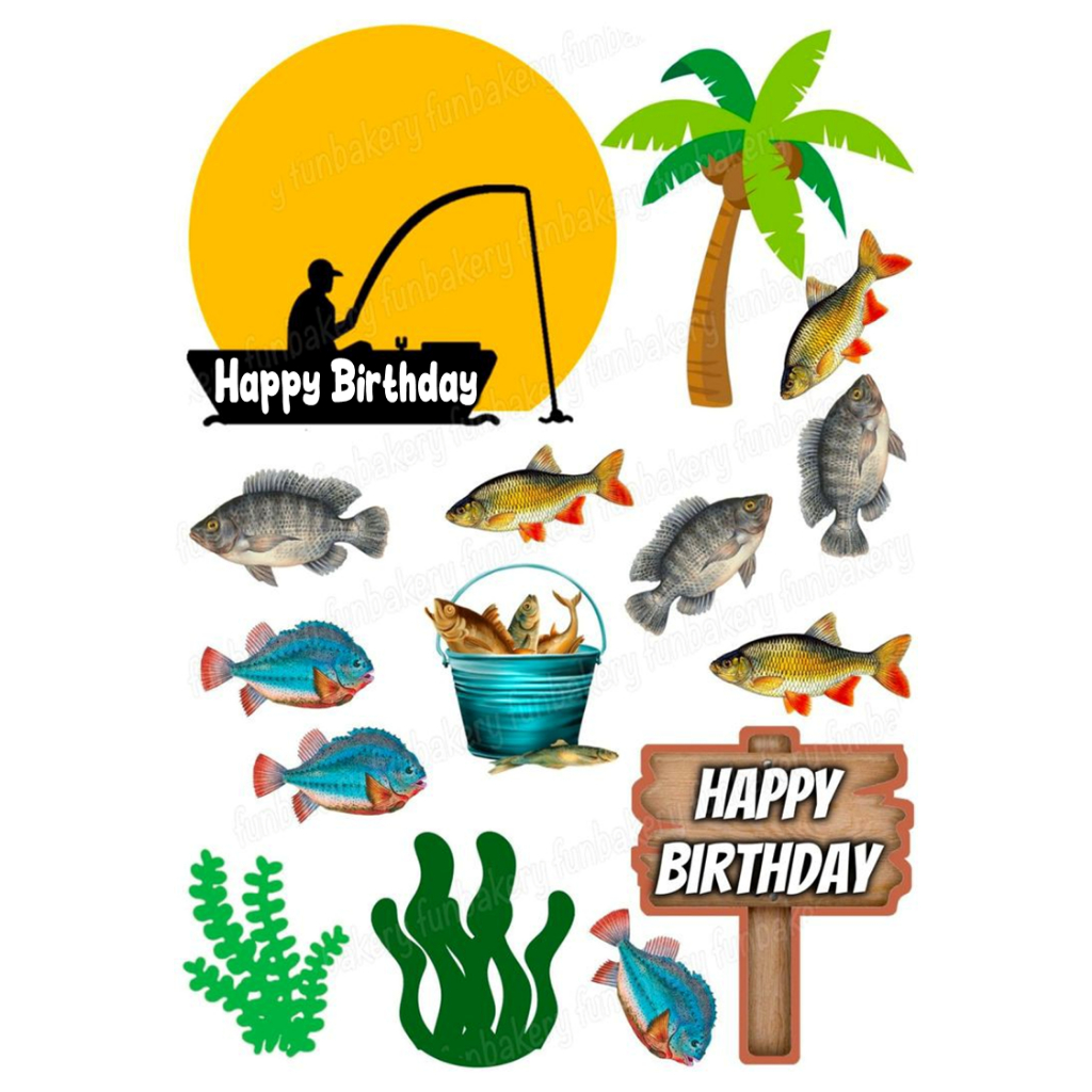 Topper Mancing / Hiasan Cake Mancing Custom Nama / Topper Murah Ekonomis / Cake Topper Mancing Birth