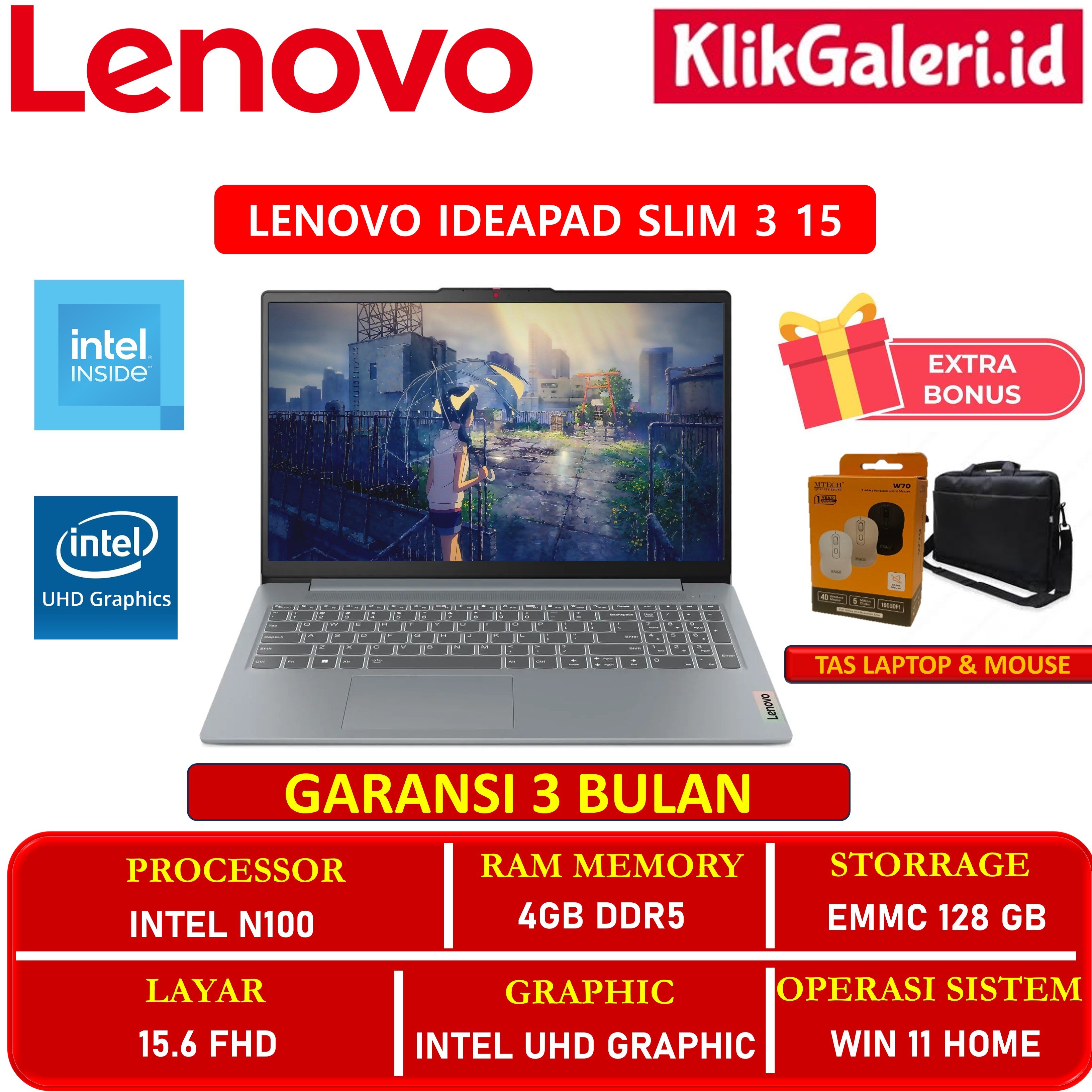 Laptop Lenovo IdeaPad Slim 3 15 Intel N100 4/128GB FHD Win11 Ex Display