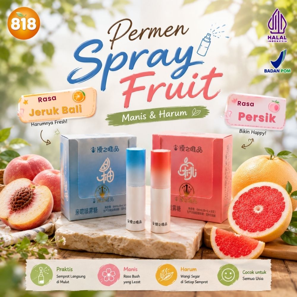 Spray Fruit Candy Permen Semprot Cium Rasa Persik Jeruk Bali Premium Halal BPOM Aroma Buah Menyegark