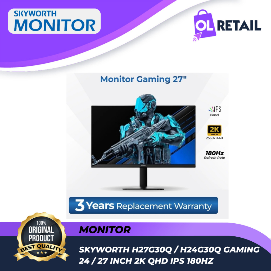 Monitor Gaming Skyworth 24" H24G30Q / 27" H27G30Q 2K QHD Fast IPS 180Hz 1ms FreeSync HDR10