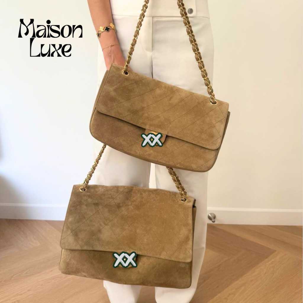 Tas Ch***l VVIP Quality Blazy Maxi Flap Bag Beige Suede Leather GHW / Handbag Maxi Wanita