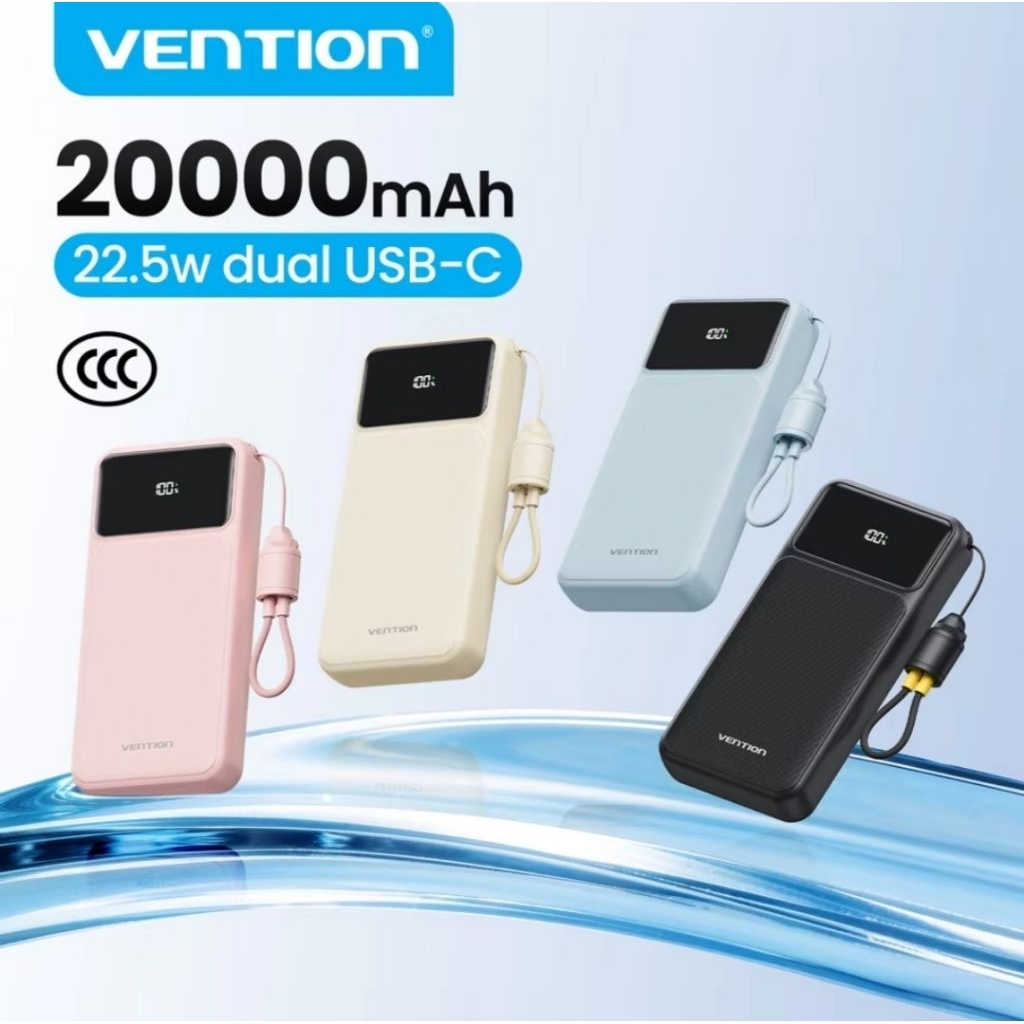 Vention CCC Powerbank 20000 mAh 22.5W Fast Charging built-in Cable LED Display